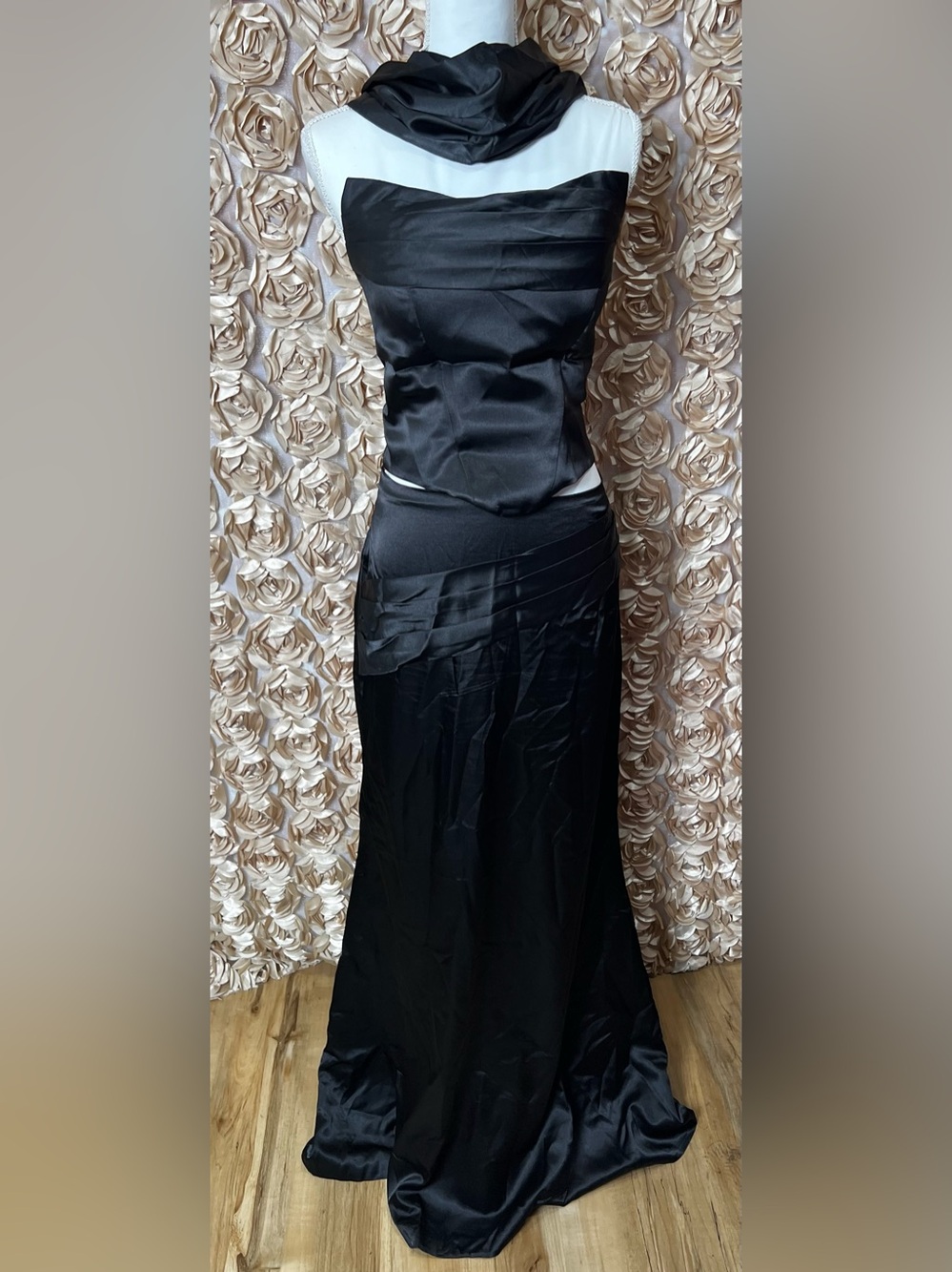 Elegant Black Satin Evening 3 piece corset top, long skirt and scarf. Strapless